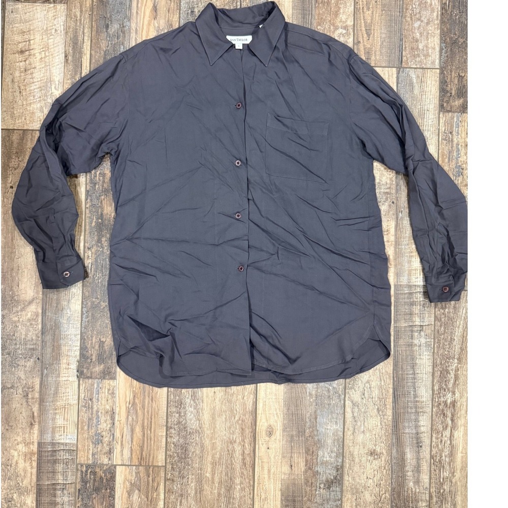 Ann Taylor Gray Button Down Shirt Long Sleeve‎ 100% Rayon Women's Size S